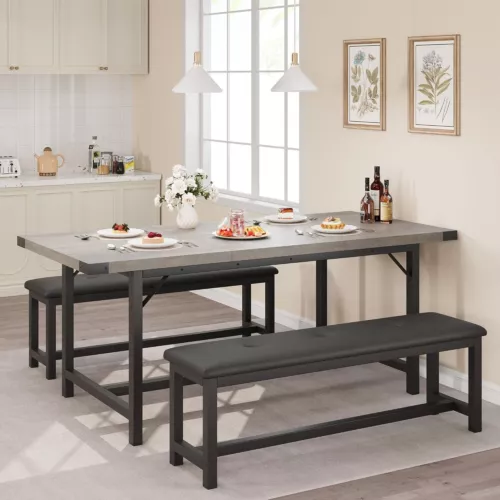62.99" Extendable Kitchen Dining Table Set with 2 Upholstered Benches for 4-6