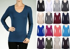 NEW Plus Size Basic Cotton Stretch V Neck Long Sleeve T Shirt Top-L/XL/1X-2X-3X