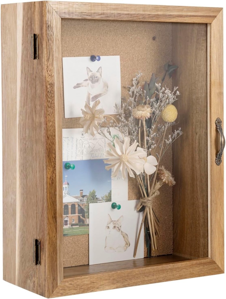 Wall Mounted Brown Wood Shadow Box, Display Case w/ Acrylic Front
