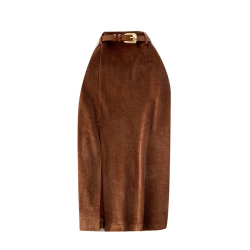 Women Midi Corduroy Skirt A-line Pencil Side Slit with Belt Retro Casual Dress - Bild 5 von 21