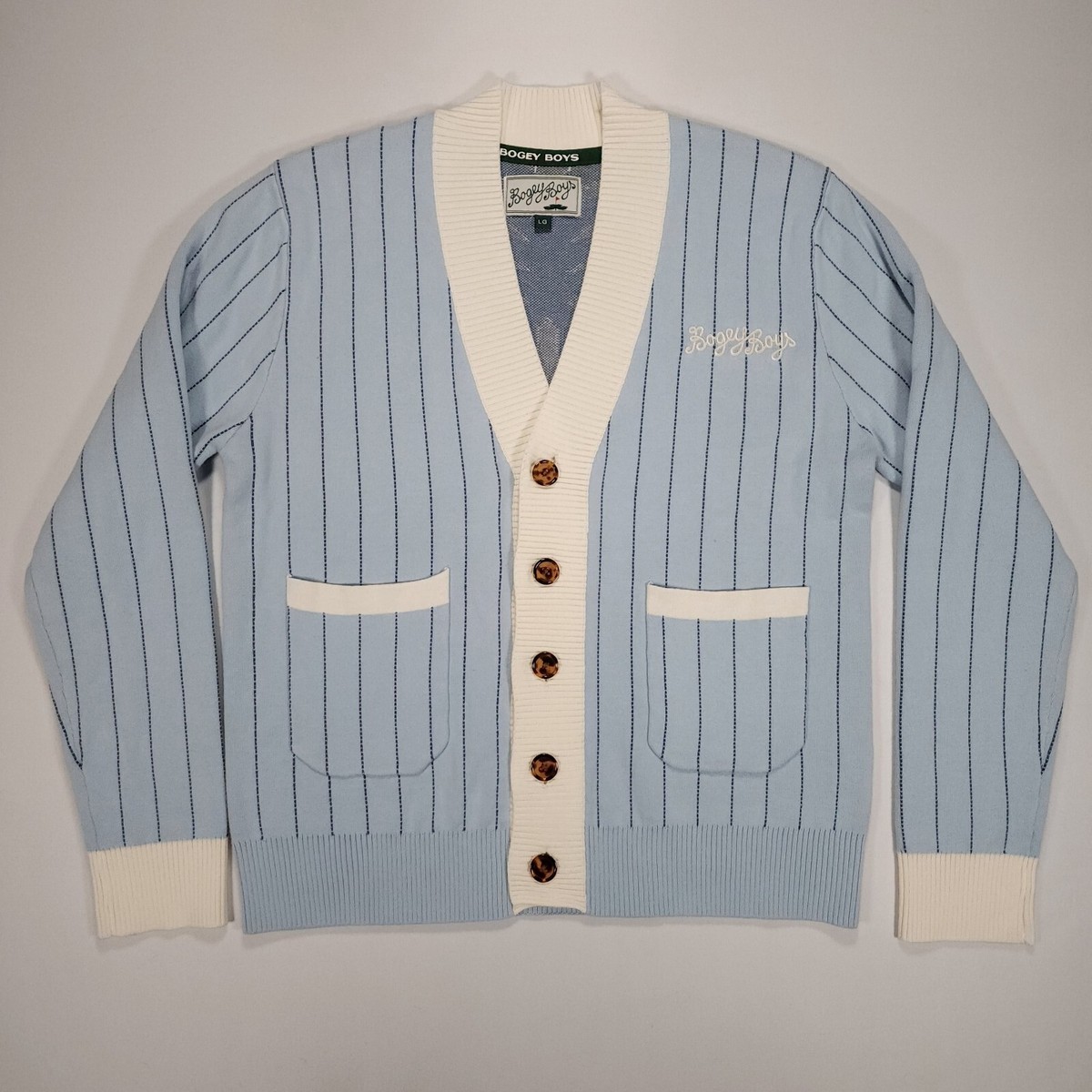 Bogey Boys Striped Cotton Cardigan Golf Sweater Blue Men's Large