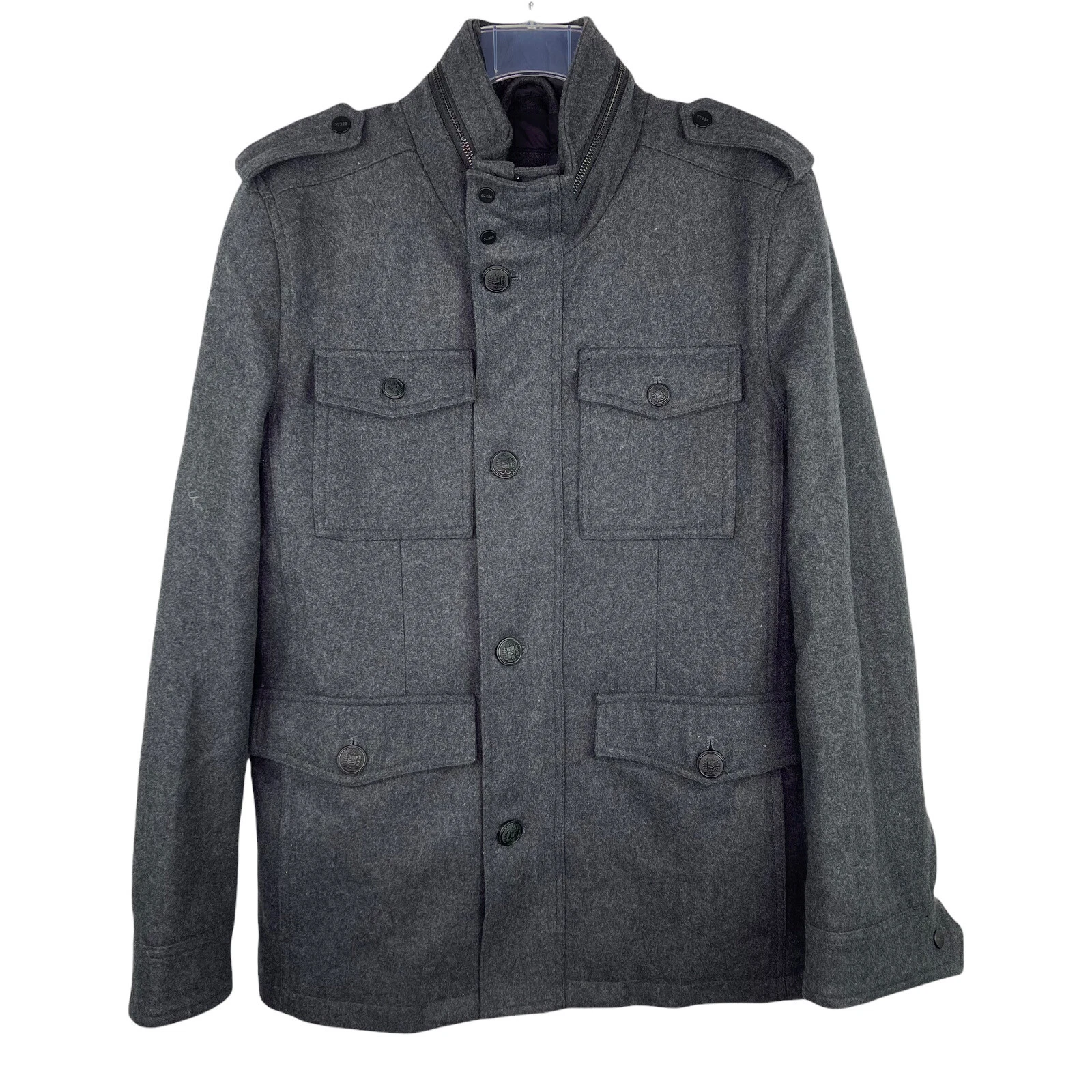 Guess Military Winter Coat Jacket Grey Wool Blend Insulated Men's Sz S $295