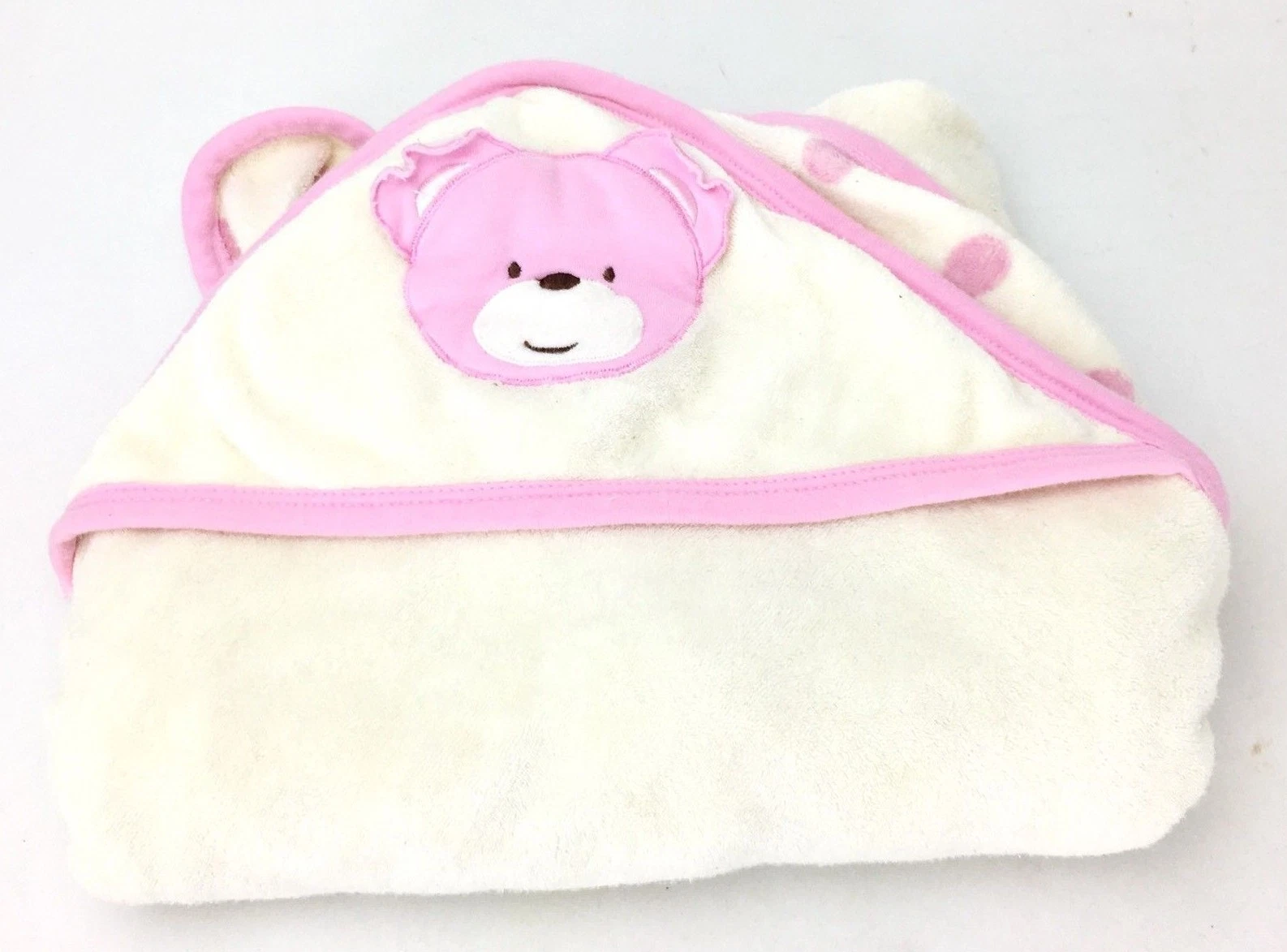 Pink Rabbit Baby Towel Hooded Pink Bear Applique Polka Dots 100% Cotton