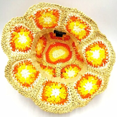 NEW Steve Madden Granny Square Crochet Straw Hat Orange One Size Steve Madden Boho Hippie Crochet Bucket Hat Granny Square  main image 2
