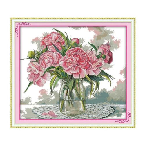 Pink Flowers Cross Stitch Designs Canvas Embroidery House Portrait Wall Displays - Zdjęcie 1 z 2