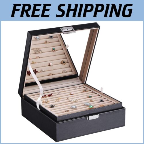 Compact Jewelry Box with Mirror: 11 Ring Slots & 25 Compartment Earring Storage