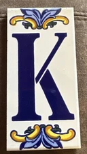 Vintage Ceramic Tile Blue & Yellow Address House Initial K Made In Spain 6” X 3”
