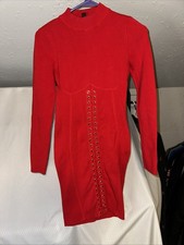 Hera Collection Red Ribbed Mock Neck Lace Up Corset Bodycon Dress Womens Large