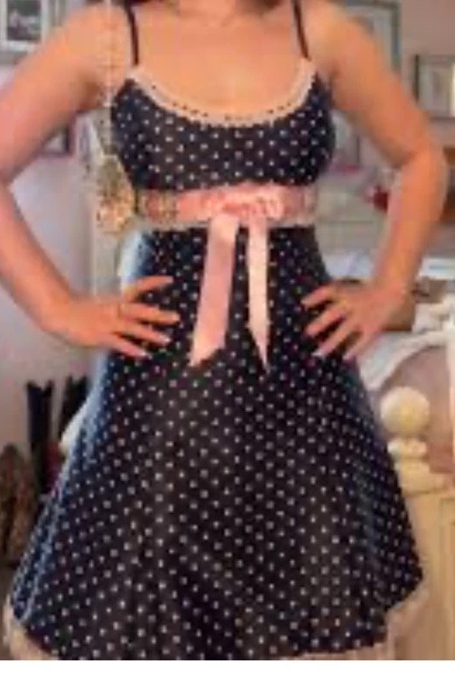 Jessica McClintock for Gunne Sax Dress Blue w/ Pink Polka Dots & Bow Sz S NWOT - Image 2 of 4
