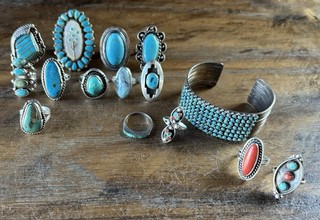 Lot Of 14 Fashion Rings And A Bracelet; Turquoise And Coral Colored Stones