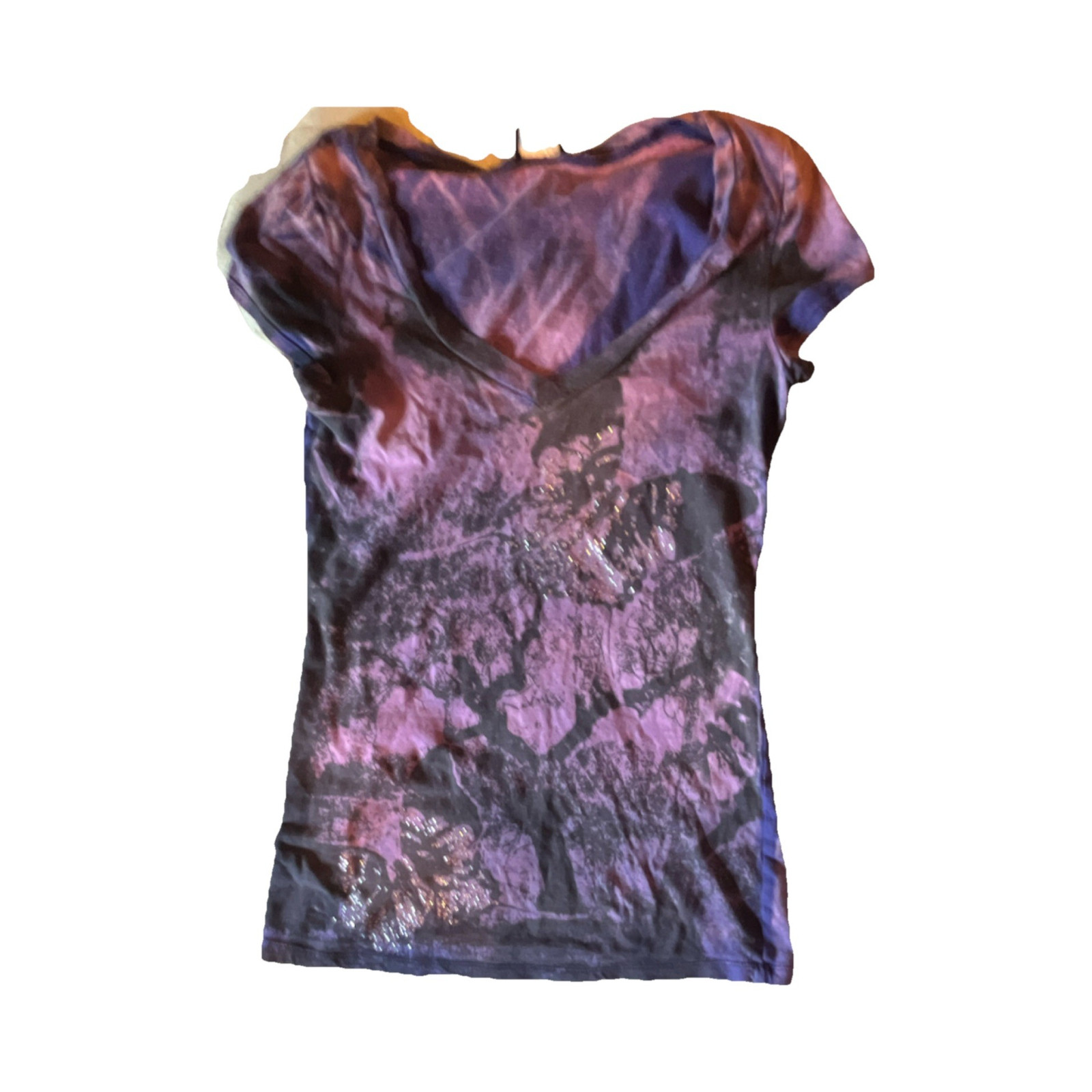 Daytrip Women's Tie-Dye V-Neck Butterfly Rhinestone Cap Sleeve Top S