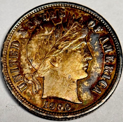 1909 Barber Dime - Scarce High Grade Lustrous. Rainbow Album Toned Original!!!