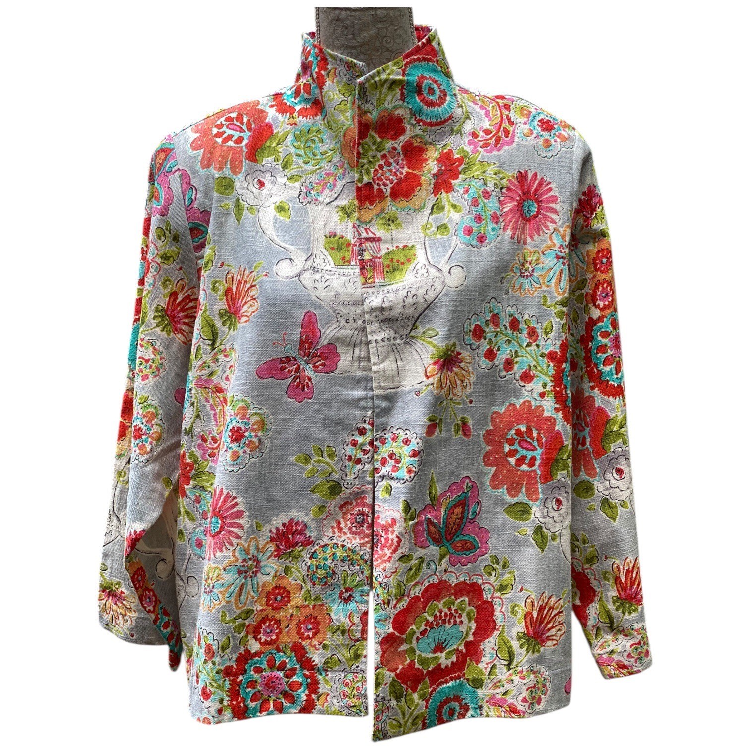 Blazer giacca aperta dipinto pony USA vintage 3X lino floreale cotone boho artistico