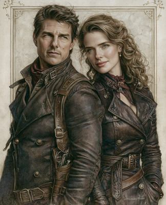 Ethan Hunt and Ilsa Faust in Matching Brown Leather Jackets Print - 631059616