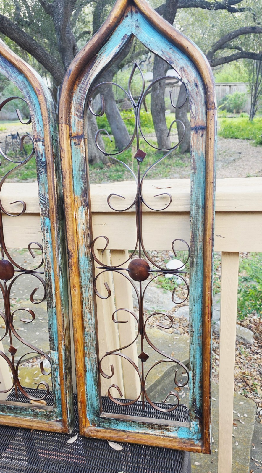 SET OF 2 Distressed Turquoise Window Wood Iron 36" x 11.75" Panels Wall Hangings