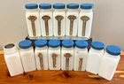 Vintage Griffiths’ Milk Glass Spice Jars Set Of 13 W/Lids Labels Art Deco Style