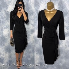 SOON Black Elegant Occasion Dress Size 10 UK 3/4 Sleeve Ruffle Evening Cocktail