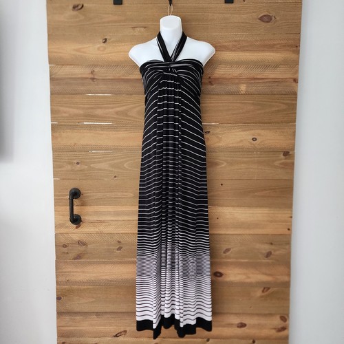 Soma black white striped maxi dress halter tie shelf bra womens size XL