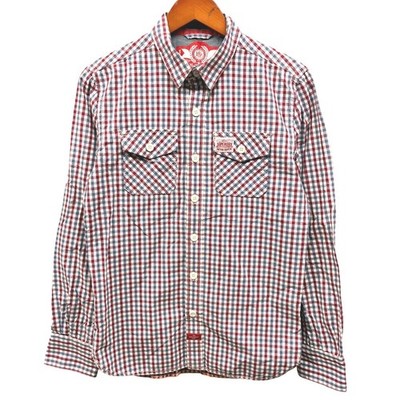 Superdry Men's S Gingham Check Button Up Wash Basket Shirt Red Blue Casual