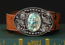 New Silver Irradesent Abalone Color Western Floral Oval Unisex Belt Buckle