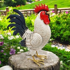 Large White Cockerel Garden Ornament – Rustic Metal Rooster Statue 44cm