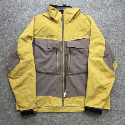 Simms GORE-TEX Fishing Jacket Mens XL Yellow Grey Waterproof Hooded Shell Shell