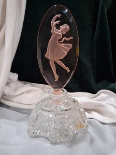 Marked Pink Clear Intaglio Dancing Girl Czech Perfume Bottle w/ Intact Dauber