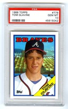 TOM GLAVINE~ATLANTA BRAVES~1988 TOPPS PSA-10 GEM-MT BASEBALL ROOKIE RC CARD #779. rookie card picture