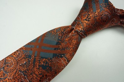 Brioni Silk Shiny Fire Orange Blue Plaid Woven Paisley Standard