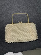 Vintage 1960s Handmade Beaded Purse White with Gold Accents