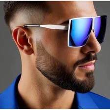 Rectangular Sunglasses Men Large Glasses Silver Metal Frame Trendy Outfit Big