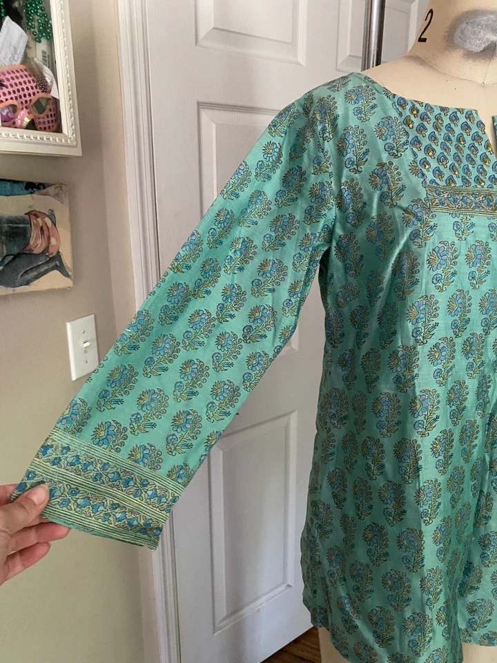 FABINDIA 100% Silk Turquoise Paisley Bohemian Kurta KAFTAN Tunic *SMALL* B110 - Image 3 of 4