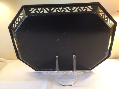 Vtg Large Black Metal Tole Serving Tray Pilgrim Art Hand Decorated Lattice Sides - Picture 6 of 10