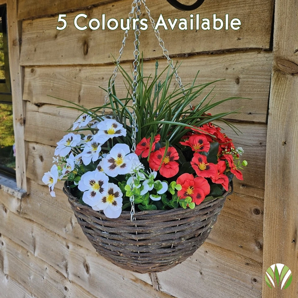 Best Artificial Large 14" Faux Pansy Flower Hanging Outdoor Wicker Garden Basket