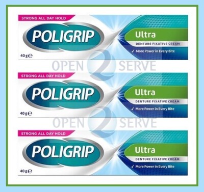 3x Poligrip Ultra Prothesen Fixiercreme 40g – Zinkfrei, Mit Frischem Minzgeschmack, Für Ganztägigen Halt