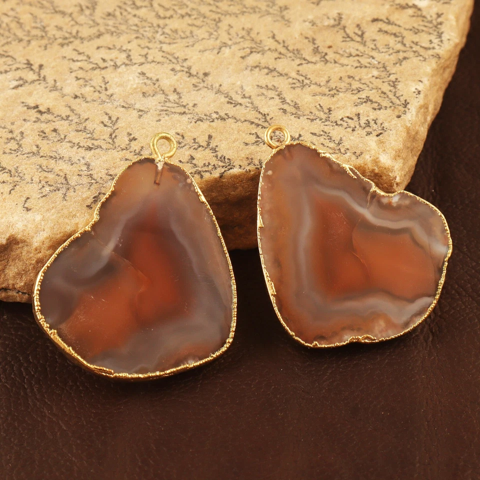 Par de conectores de pendientes hechos a mano hágalo usted mismo galvanizado dorado rebanada ágata color naranja Foto 2 de 3