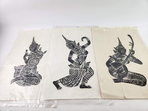 Set of 3 Vintage Thai Temple Rubbings on Rice Paper 13" x 20" Musicians Dancers