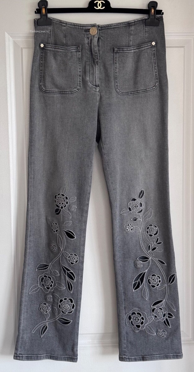 CHANEL シャネル CCロゴ コットン ベロア パンツ ダークグレー $3450 2024 24P CHANEL GRAY JEANS CC LOGO EMBROIDERED DENIM