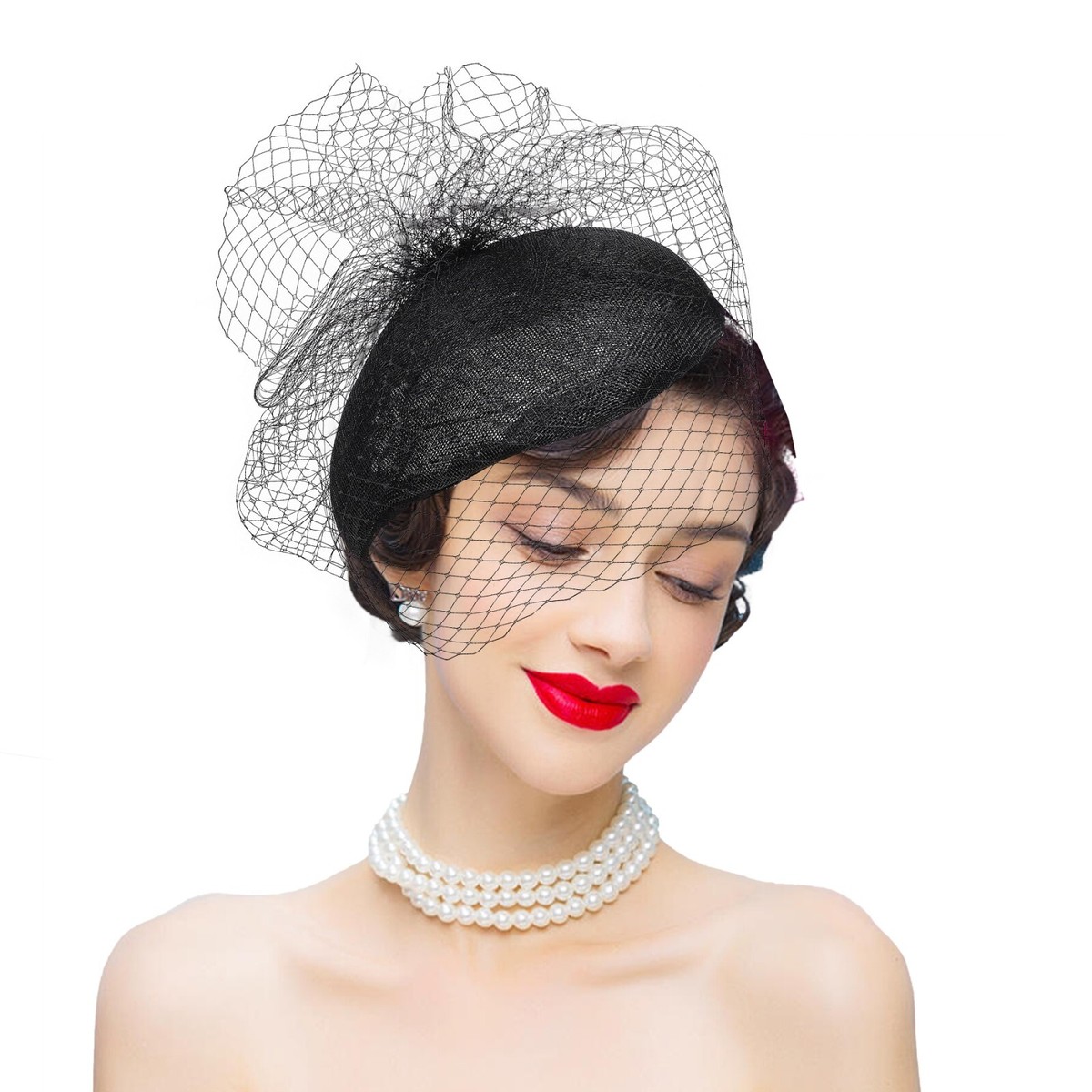 Vintage Sinamay Teardrop Pillbox Fascinator Hat with Veil Clip for Church Derby Teardrop Womens British Style Sinamay Fascinator Hat Tam  main image 2