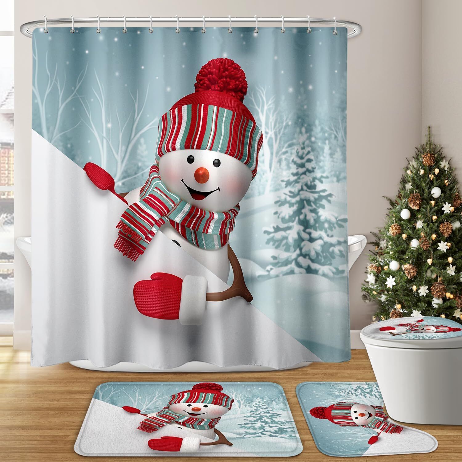 BROSHAN Christmas Shower Curtain Sets with Rugs, 71