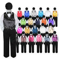 5pc Boy Baby Toddler Kid Color Bowtie Vest Formal Suit BLACK Pants Hat S-7