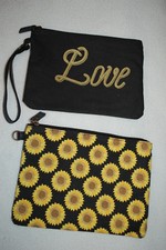 2 LOT CANVAS BAG Zippered Pouch MAKEUP COSMETIC BAG Black SUNFLOWERS Love