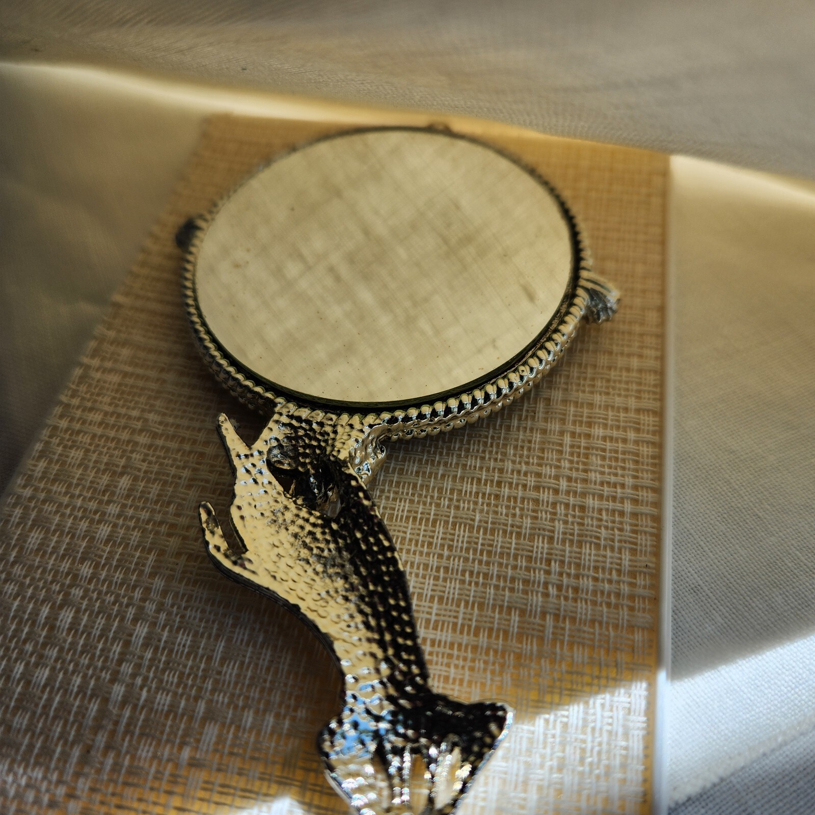 Vintage  Miniature Silver Glitter Rhinestones Hand Mirror 4”