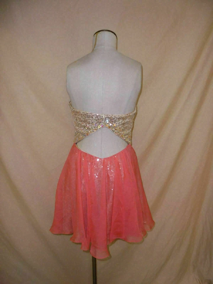Vestido La Femme Sin Tirantes Lentejuelas Corpiño Gasa Falda Superposición Coral HM7 Talla 4  Foto 3 de 4