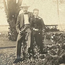 Antique Cabinet Card Photograph Man & Son Boy Sitting on Well Outside Family