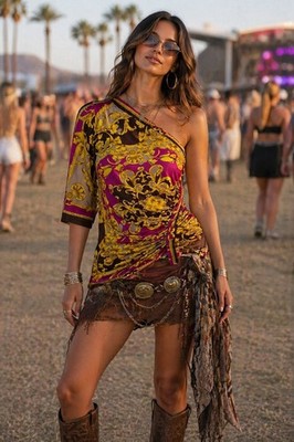 Cache Women's M Yellow  Rayon Blouse Y2k Stretch Baroque Print Boho One Shoulder