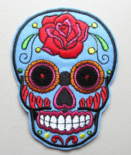   SUGAR SKULL PUNK ROSE FLOWER TATTOO DESIGN COLORFUL BLUE SKULL IRON ON PATCH