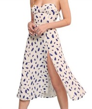 White Blue Abstract Midi Slip Dress Strappy Sleeveless Sweetheart Neck Side Slit