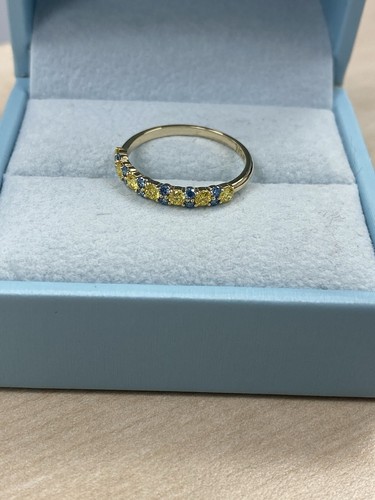 Bague de mariage diamant taille ronde bleu jaune cultivé en laboratoire 0,50 carat or jaune 14 carats - Photo 3 sur 14
