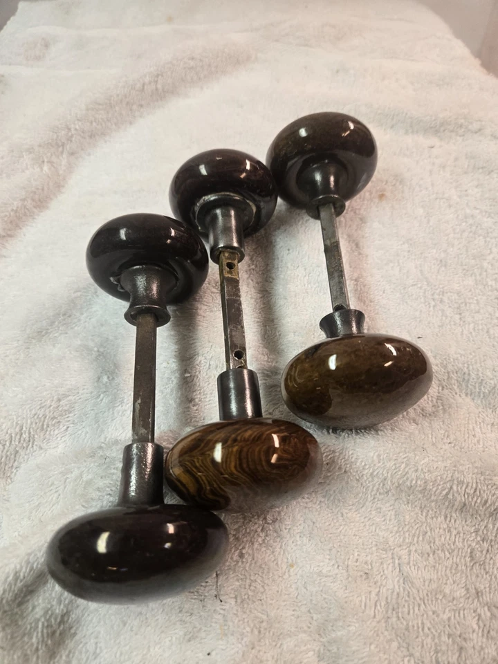 Perillas de puerta de porcelana antiguas 3 pares Bennington marrón mármol tigre remolino ¡Bonitas!! Foto 3 de 3